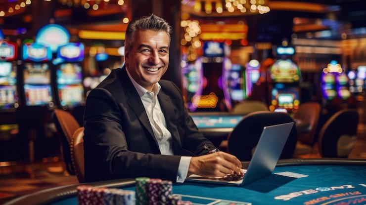 Dealer kasual yang memandu permainan di meja Live Casino dengan streaming HD